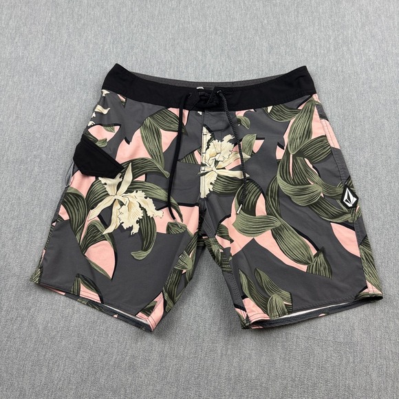 Volcom Shorts Mens 31 Gray Floral Mod Tech Swim Boardshorts Trunks Drawstring - Picture 1 of 9